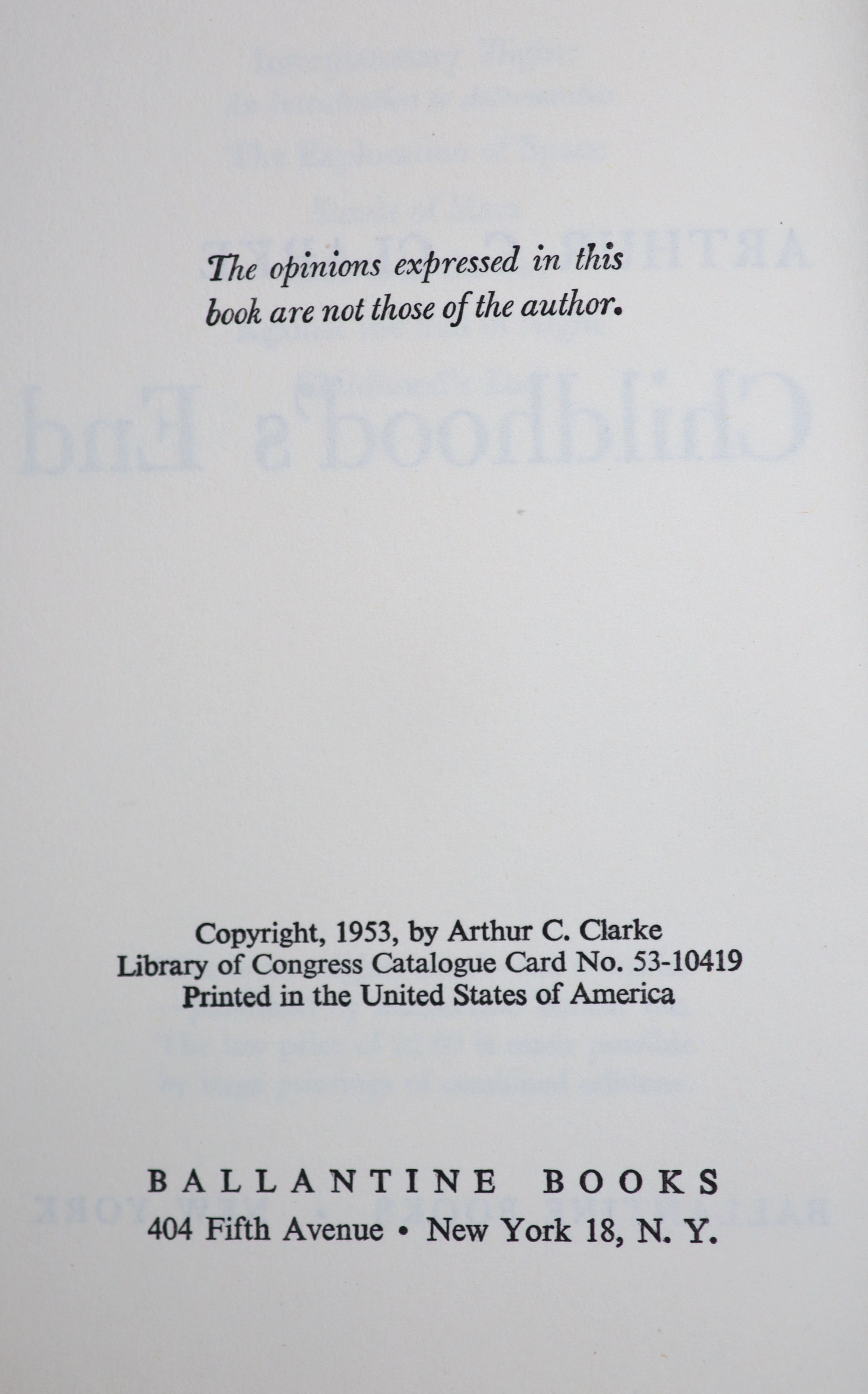 Clarke, Arthur C - Childhood’s End, 1st edition, red cloth, in unclipped d/j, with 1 inch tear to rear head of spine, 4 inch split to rear folded edge, Ballantine Books, New York, 1953